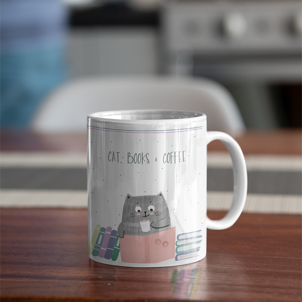 Cat, Books & Coffee Mug - Curious Cat Company