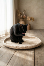 Black cat sitting on a woven mat in a room with wooden floor and decorative plants.
