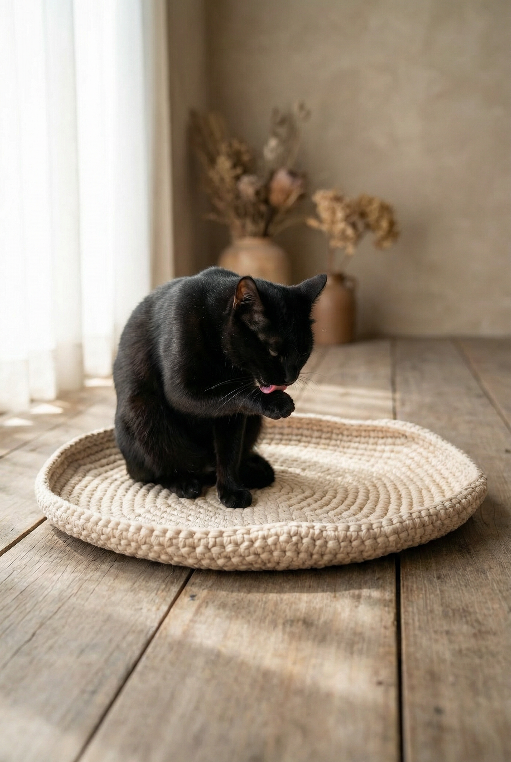 Black cat sitting on a woven mat in a room with wooden floor and decorative plants.