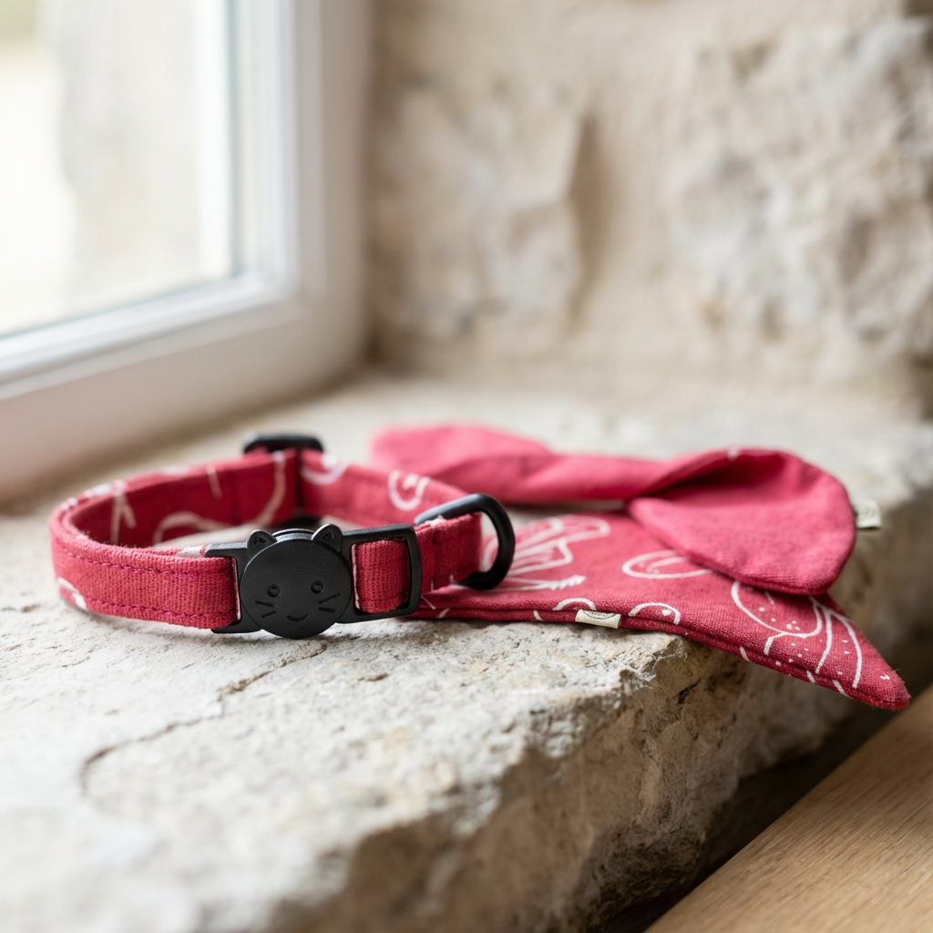 Red cat collar with floral pattern on a stone surface near a window