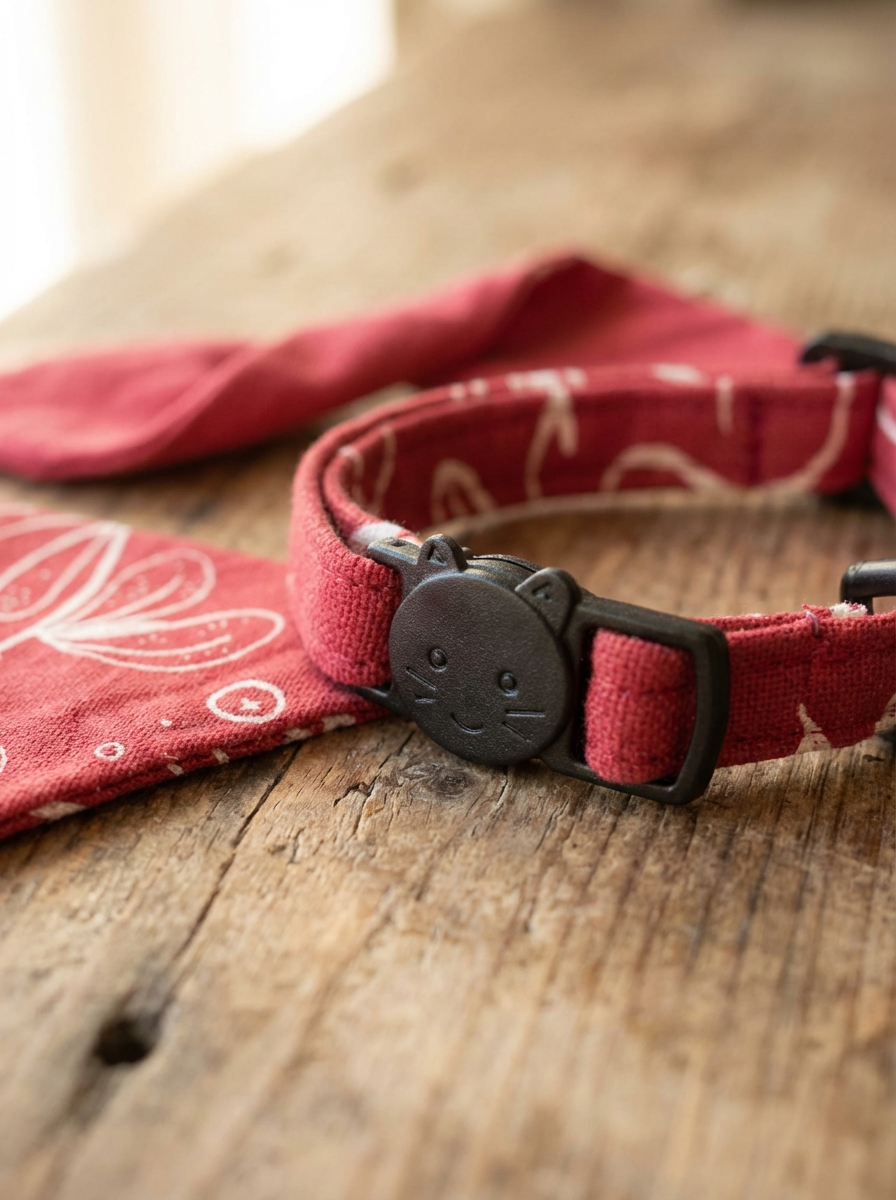Red floral-patterned cat collar with a black buckle on a wooden surface