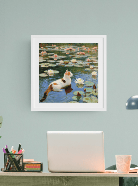 Contemplation in the Water Lily Pond Poster - Curious Cat Company - Wall Art