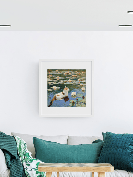Contemplation in the Water Lily Pond Poster - Curious Cat Company - Wall Art