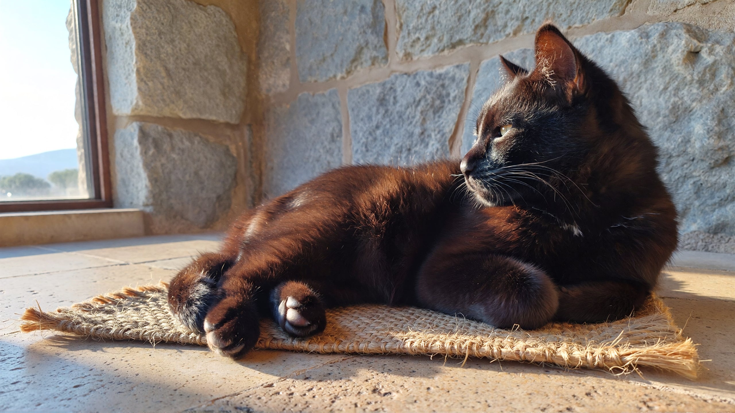 Black cat lying on a woven mat against a stone wall