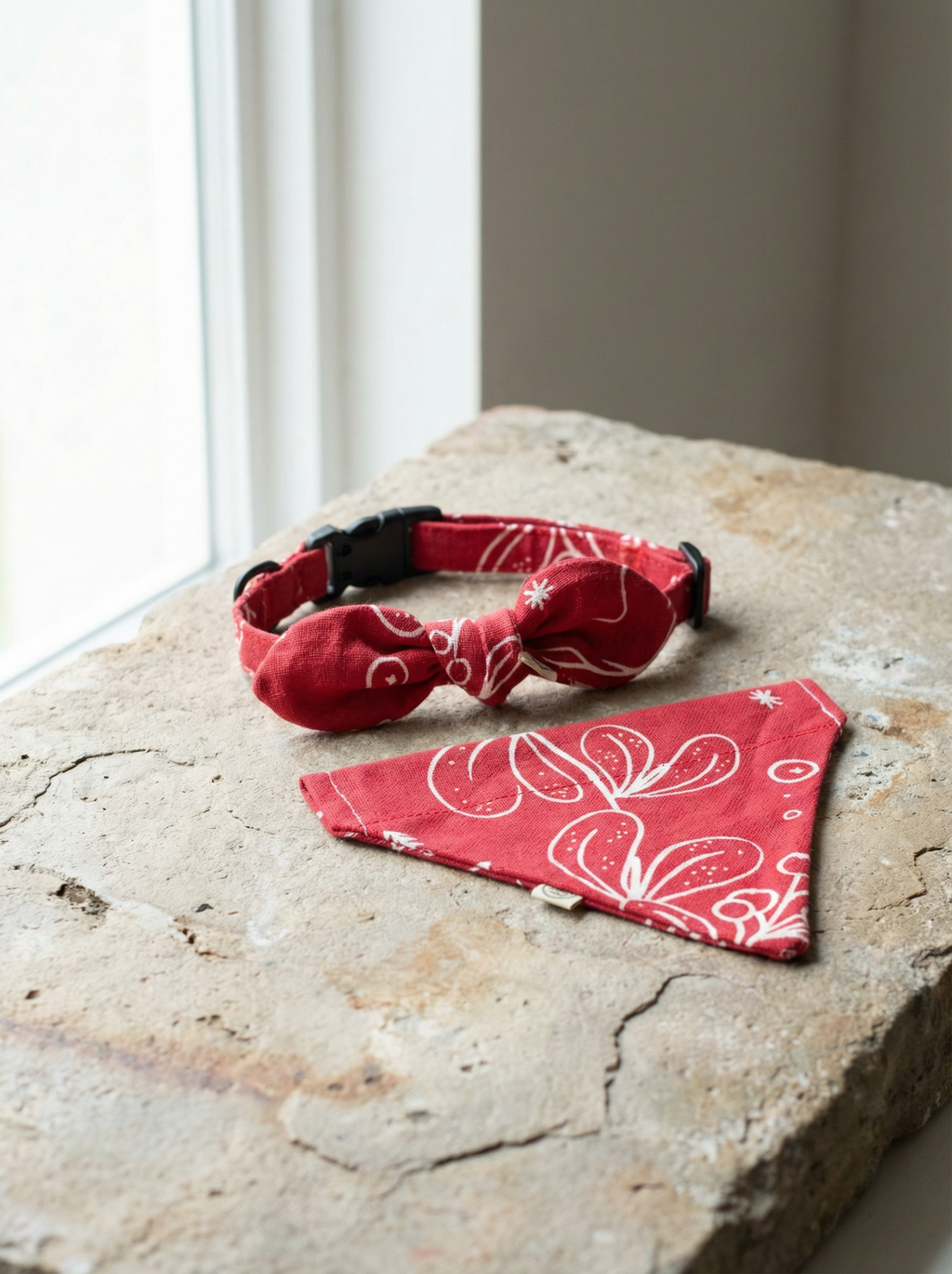 Red patterned dog collar and bandana on a stone surface