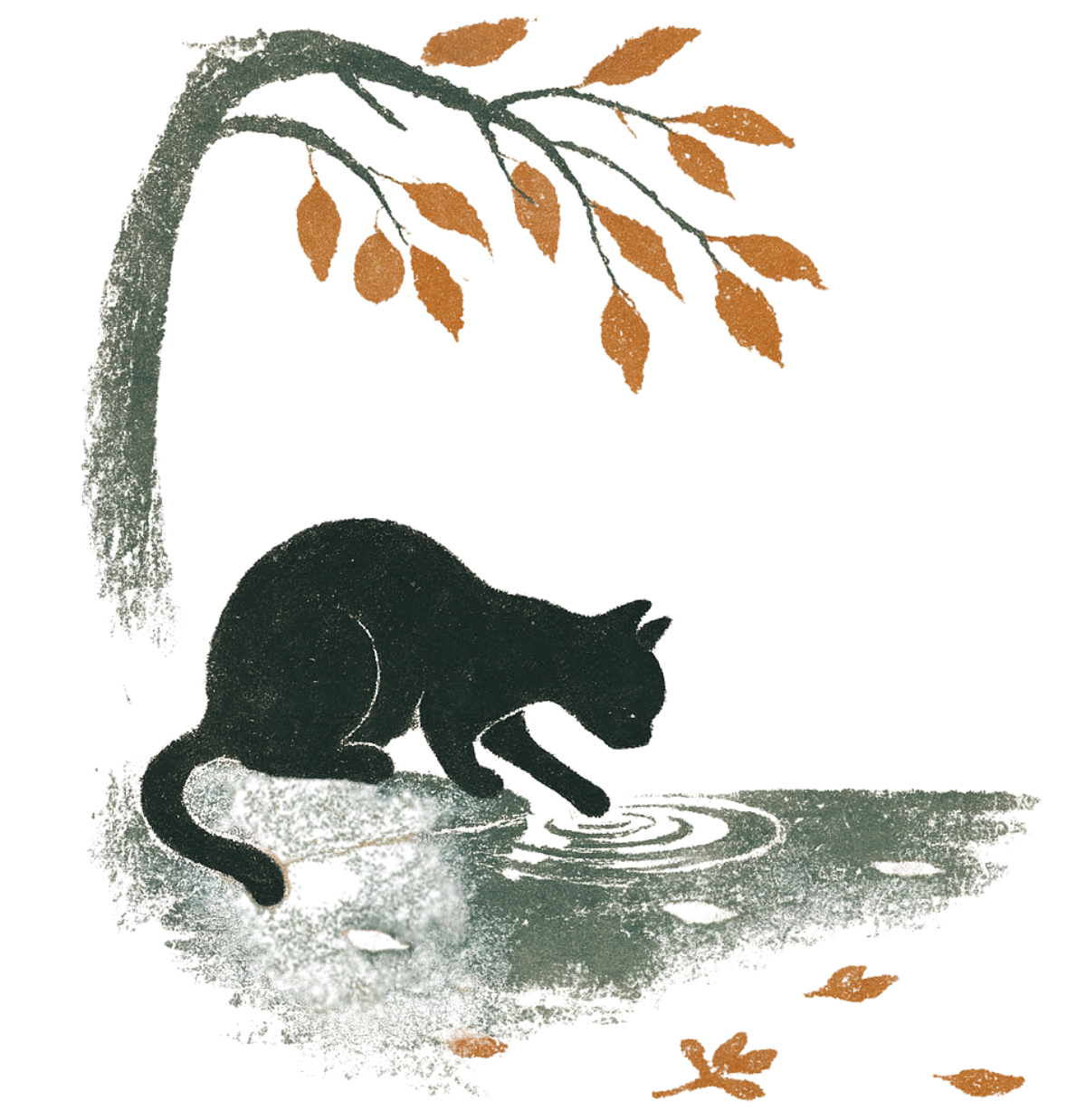 Illustration of a black cat by a tree branch with autumn leaves on a white background