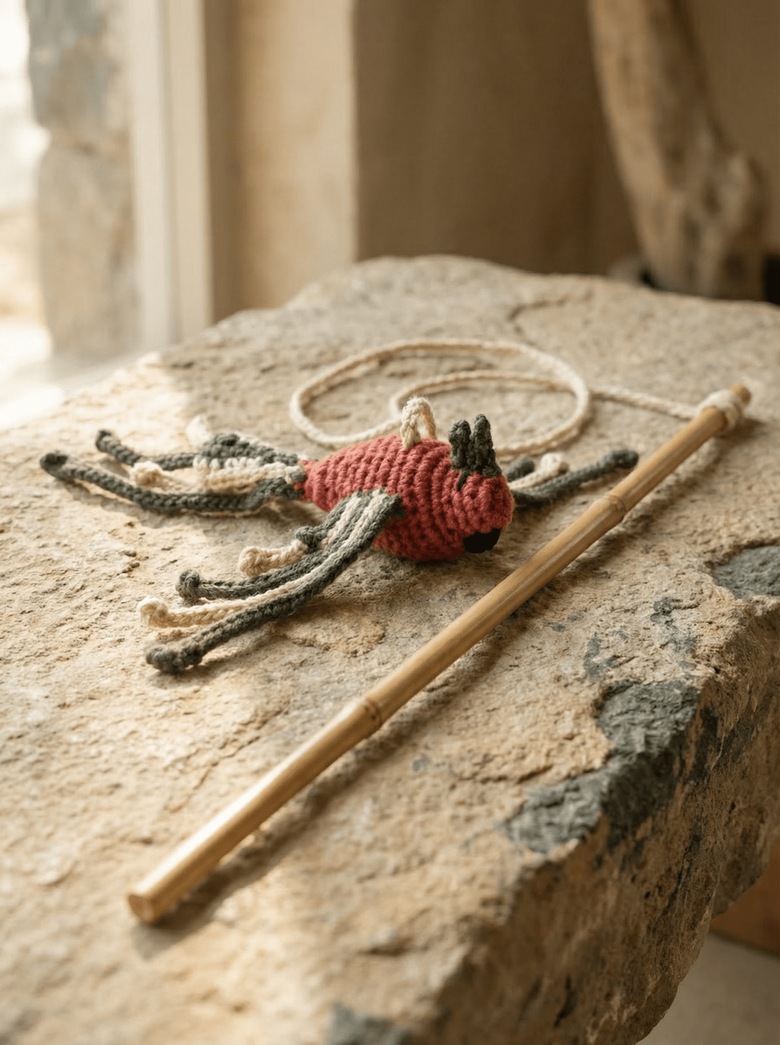 Hand - knitted Bird Wand Toy - Cats for Conservation - Curious Cat Company - Cat Toys