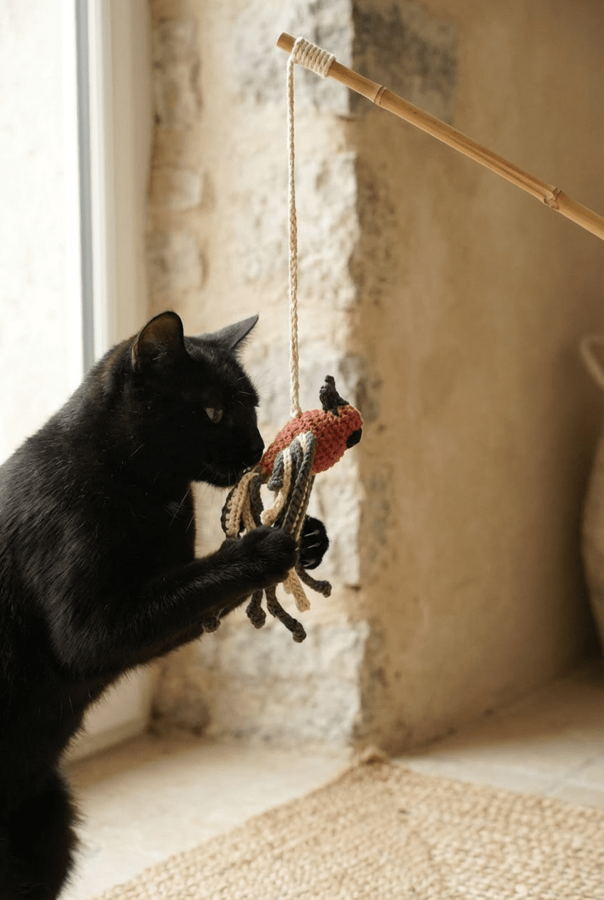 Hand - knitted Bird Wand Toy - Cats for Conservation - Curious Cat Company - Cat Toys
