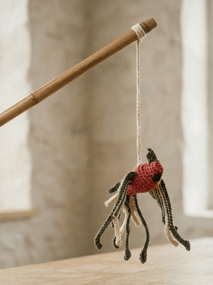 Hand - knitted Bird Wand Toy - Cats for Conservation - Curious Cat Company - Cat Toys