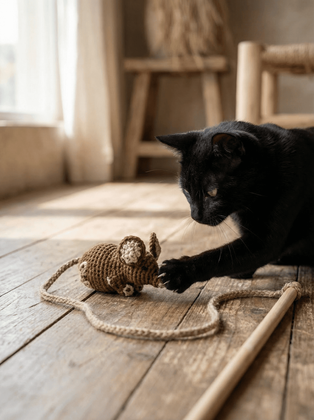 Hand - knitted Mouse Wand Toy - Cats for Conservation - Curious Cat Company - Cat Toys