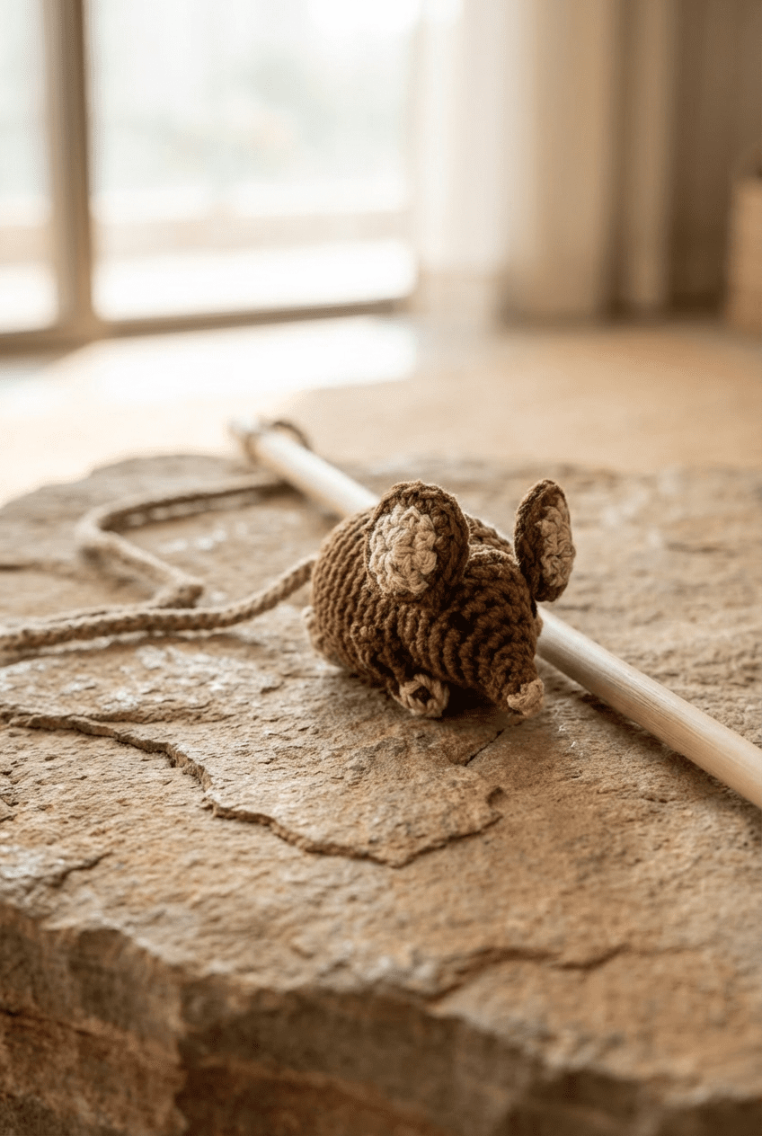 Hand - knitted Mouse Wand Toy - Cats for Conservation - Curious Cat Company - Cat Toys