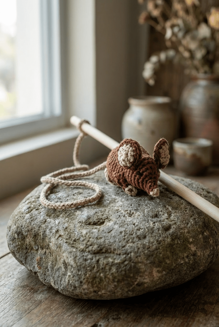 Hand - knitted Mouse Wand Toy - Cats for Conservation - Curious Cat Company - Cat Toys