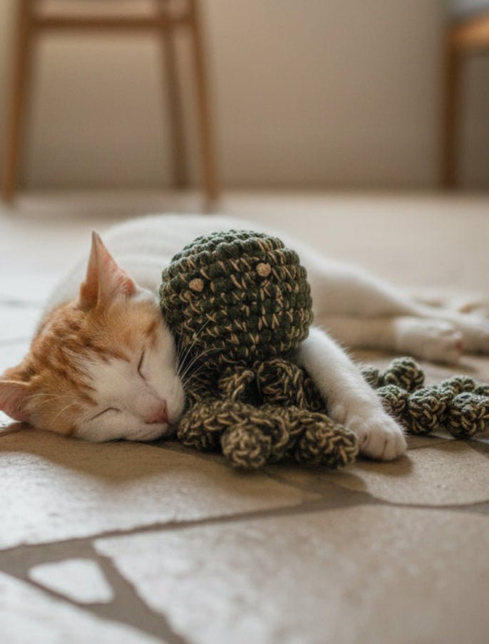 Hand - knitted Octopus Toy with Treat Pouch - Cats for Conservation - Curious Cat Company - Cat Toys