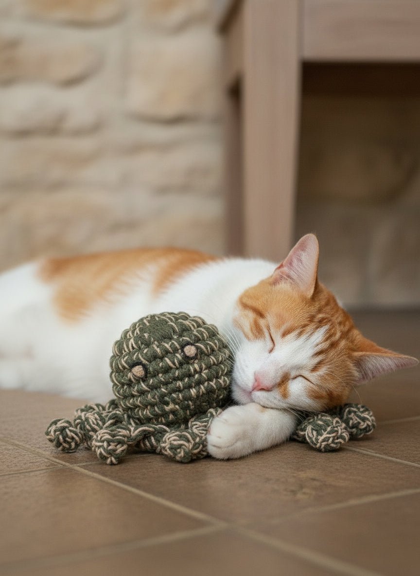 Hand - knitted Octopus Toy with Treat Pouch - Cats for Conservation - Curious Cat Company - Cat Toys
