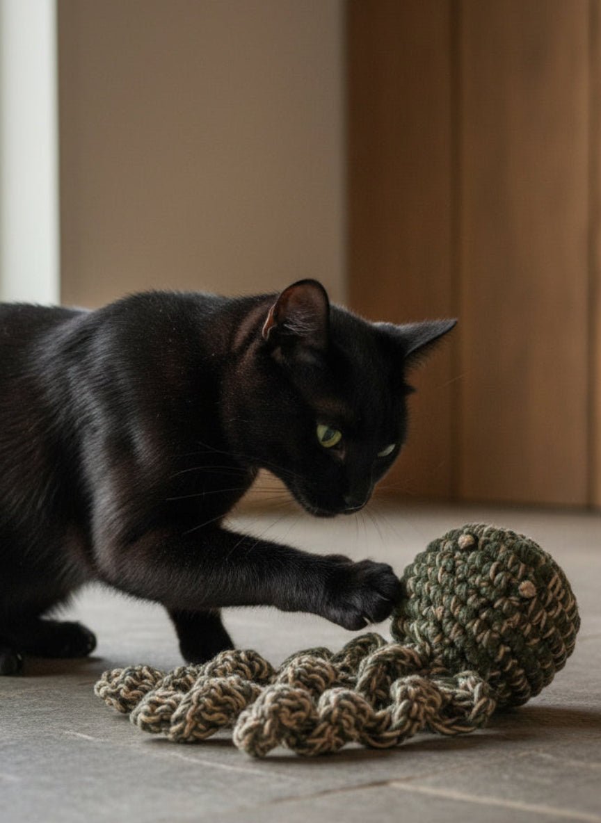 Hand - knitted Octopus Toy with Treat Pouch - Cats for Conservation - Curious Cat Company - Cat Toys