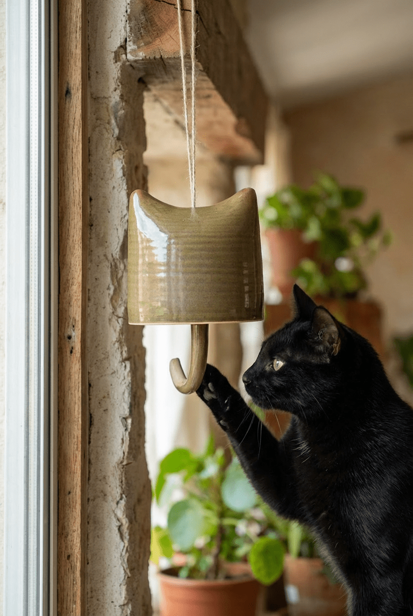 Handmade Ceramic Cat Wind Chime - Curious Cat Company - Cat Supplies