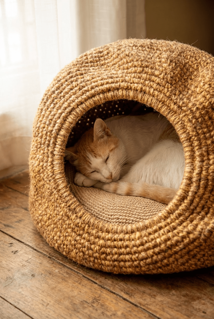 Handwoven Jute Cave Bed with Cushion (Regular) - Cats for Conservation - Curious Cat Company - Cat Beds