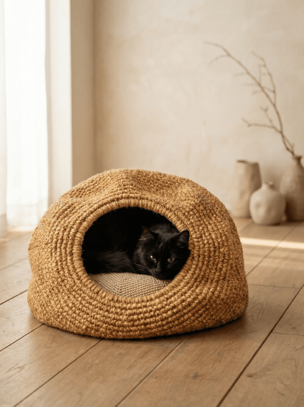 Handwoven Jute Cave Bed with Cushion (Regular) - Cats for Conservation - Curious Cat Company - Cat Beds