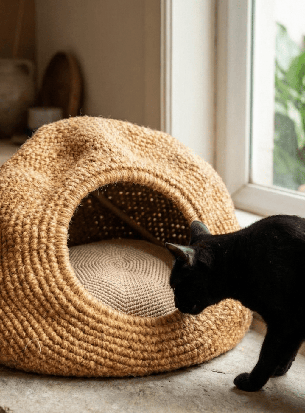 Handwoven Jute Cave Bed with Cushion (Regular) - Cats for Conservation - Curious Cat Company - Cat Beds
