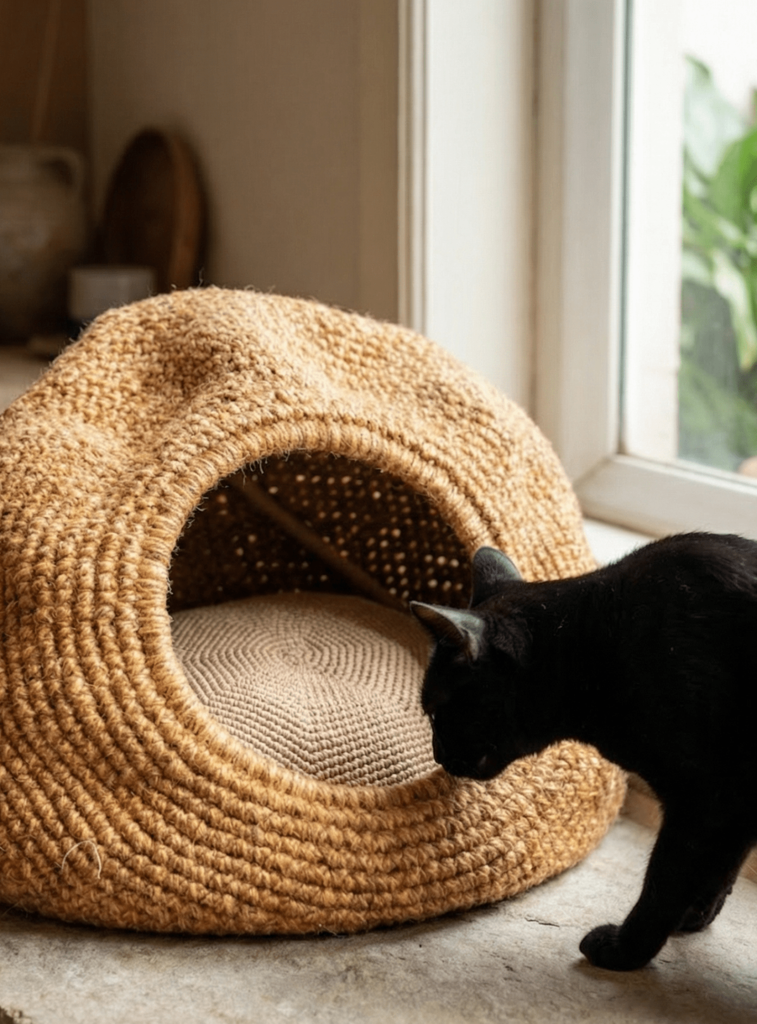 Handwoven Jute Cave Bed with Cushion (Regular) - Cats for Conservation - Curious Cat Company - Cat Beds