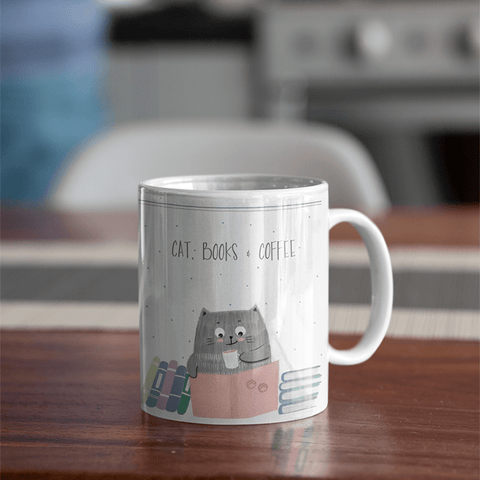 Cat, Books & Coffee Mug - Curious Cat Company - Mugs